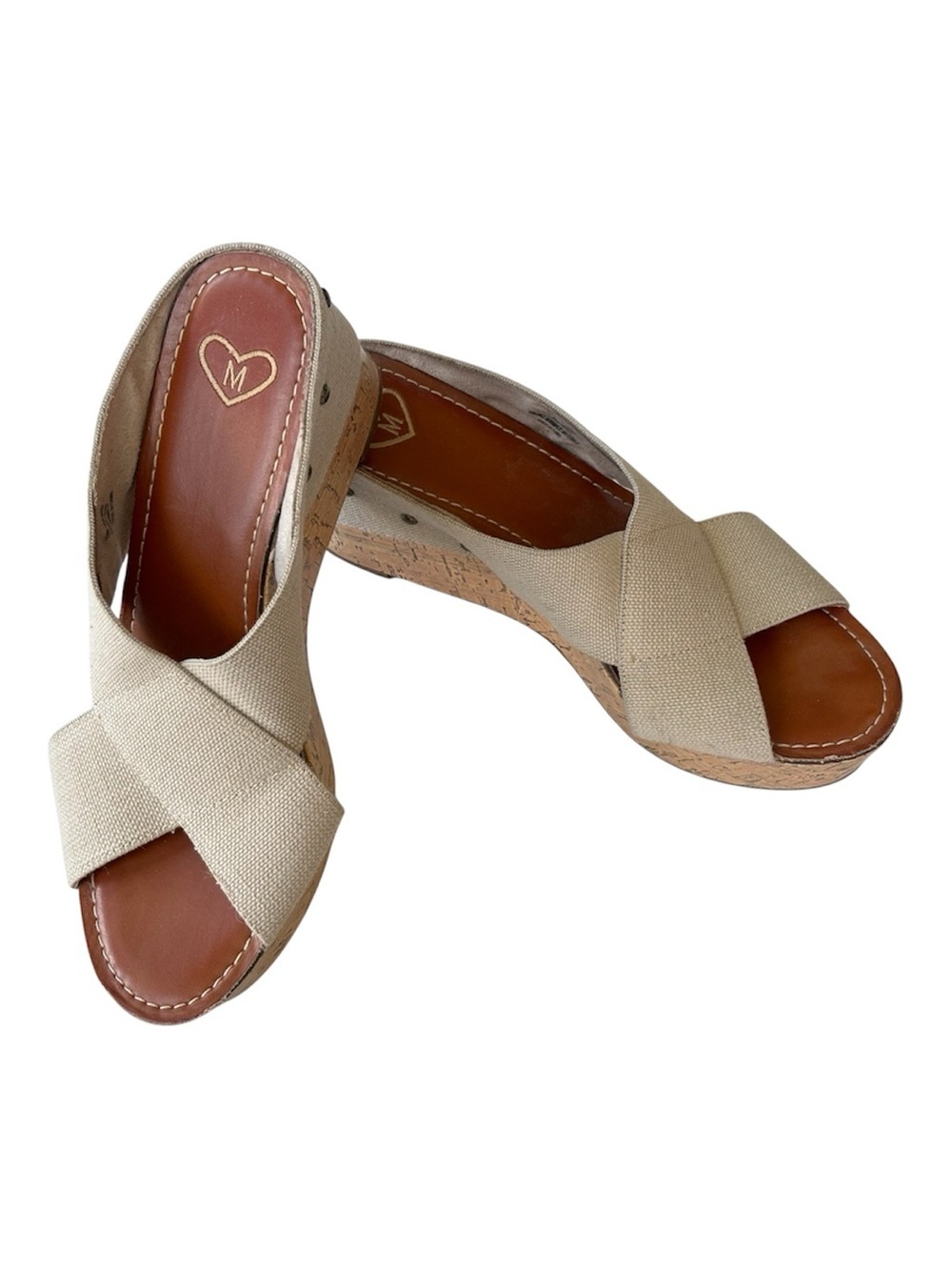 Madeline Tan Canvas Criss Cross Cork Wedge Sandals Studded Platform Mule 10M